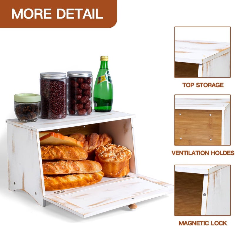 DAOYOUSKY Bamboo Bread Box for Kitchen Countertop, White Vintage Wooden Counter Breadbox, Single Layer Rustic Wood Large Capacity Bread Storage Container Bin - Image 5